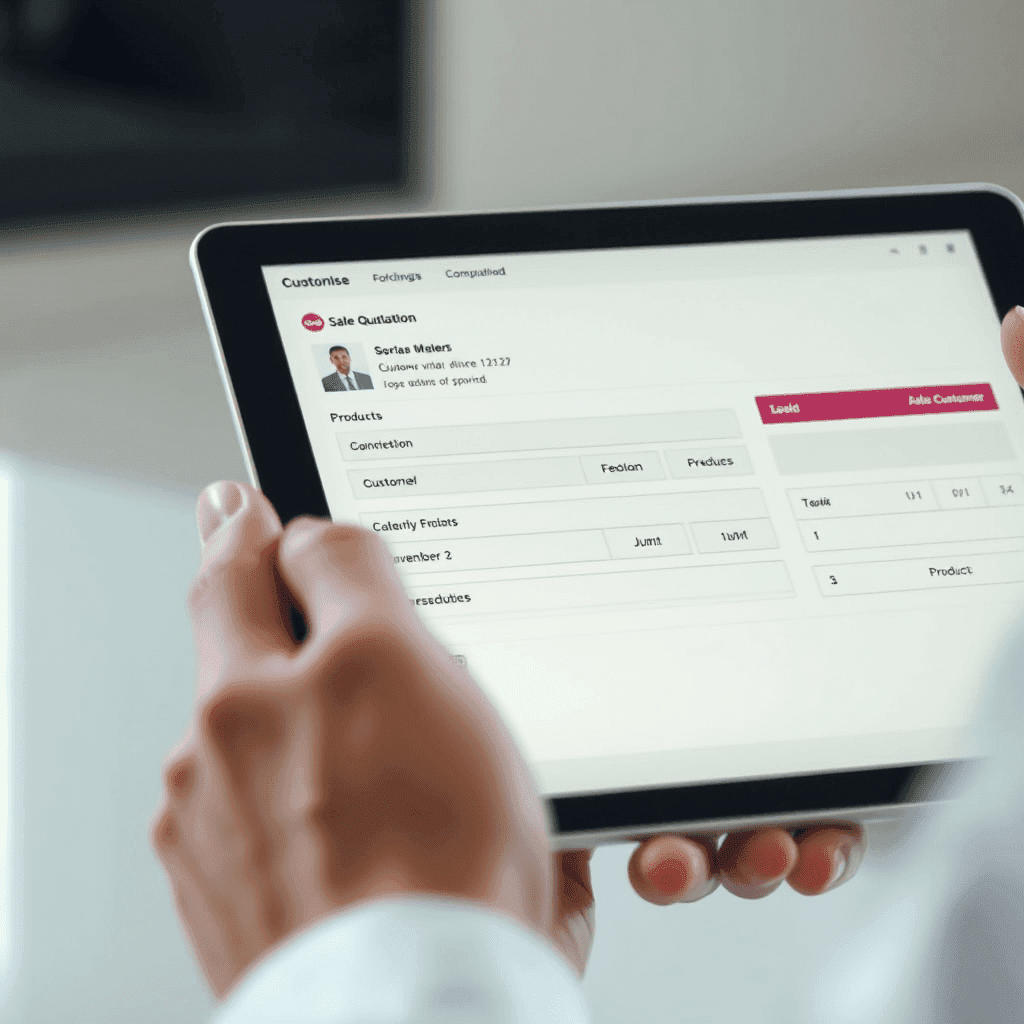 Close-up of a hand using a tablet to create a sales quotation in Odoo, with customer information and product details clearly visible on the screen.