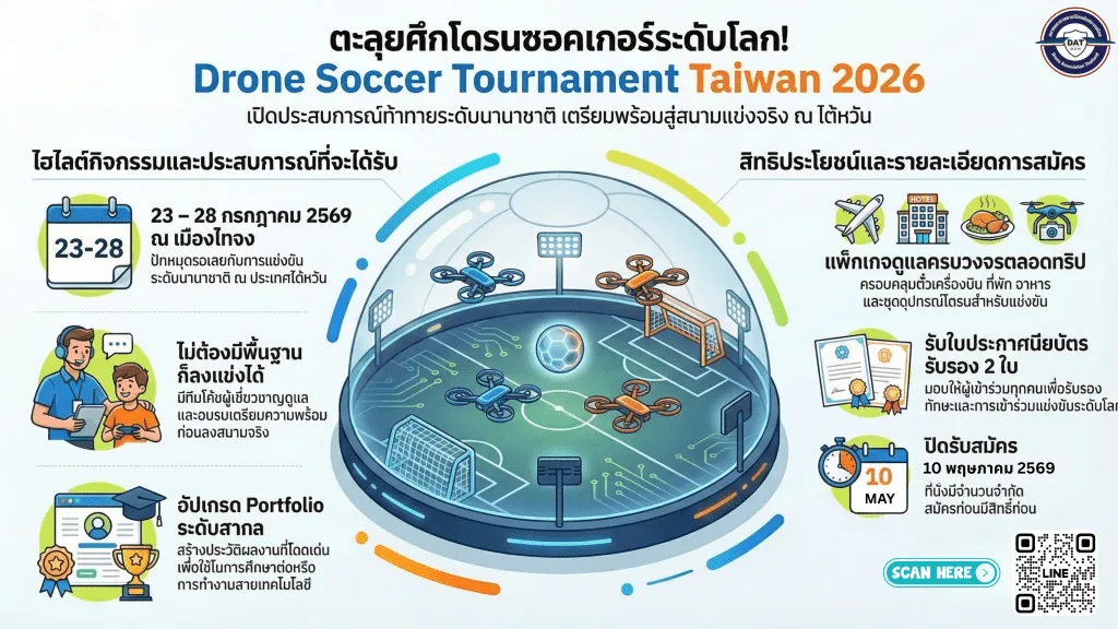 เยาวชนไทยแข่ง Drone Soccer ไต้หวัน 2026 สมัครถึง 10 พฤษภาคมนี้
