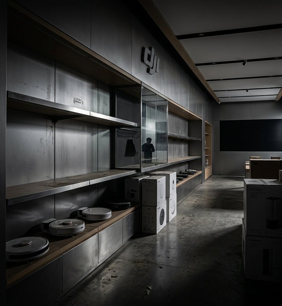 ภายในร้าน DJI ปักกิ่งที่ชั้นวางว่างเปล่า ไม่มีโดรนขายแล้ว