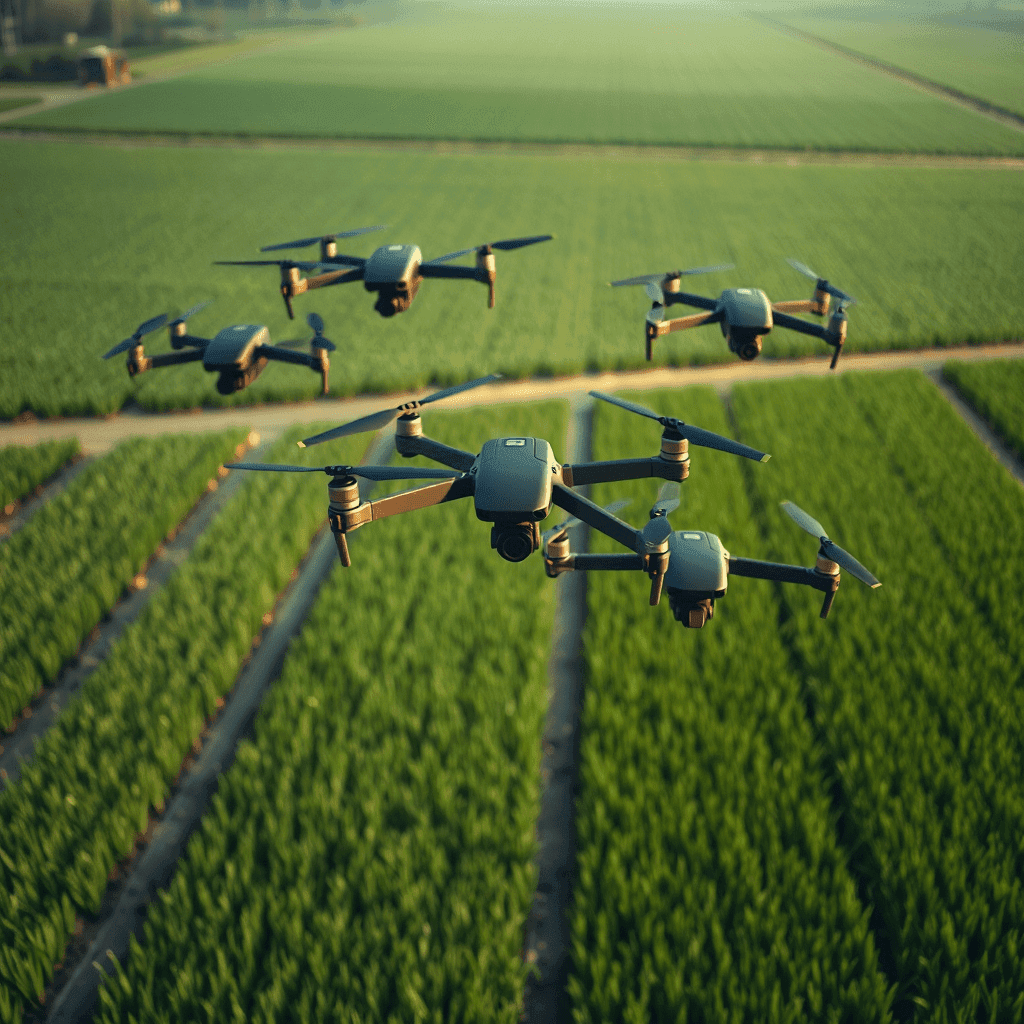Multiple advanced drones flying in formation over green agricultural fields, aerial perspective, soft morning light, hyper-realistic photography, showing precision agriculture technology in action