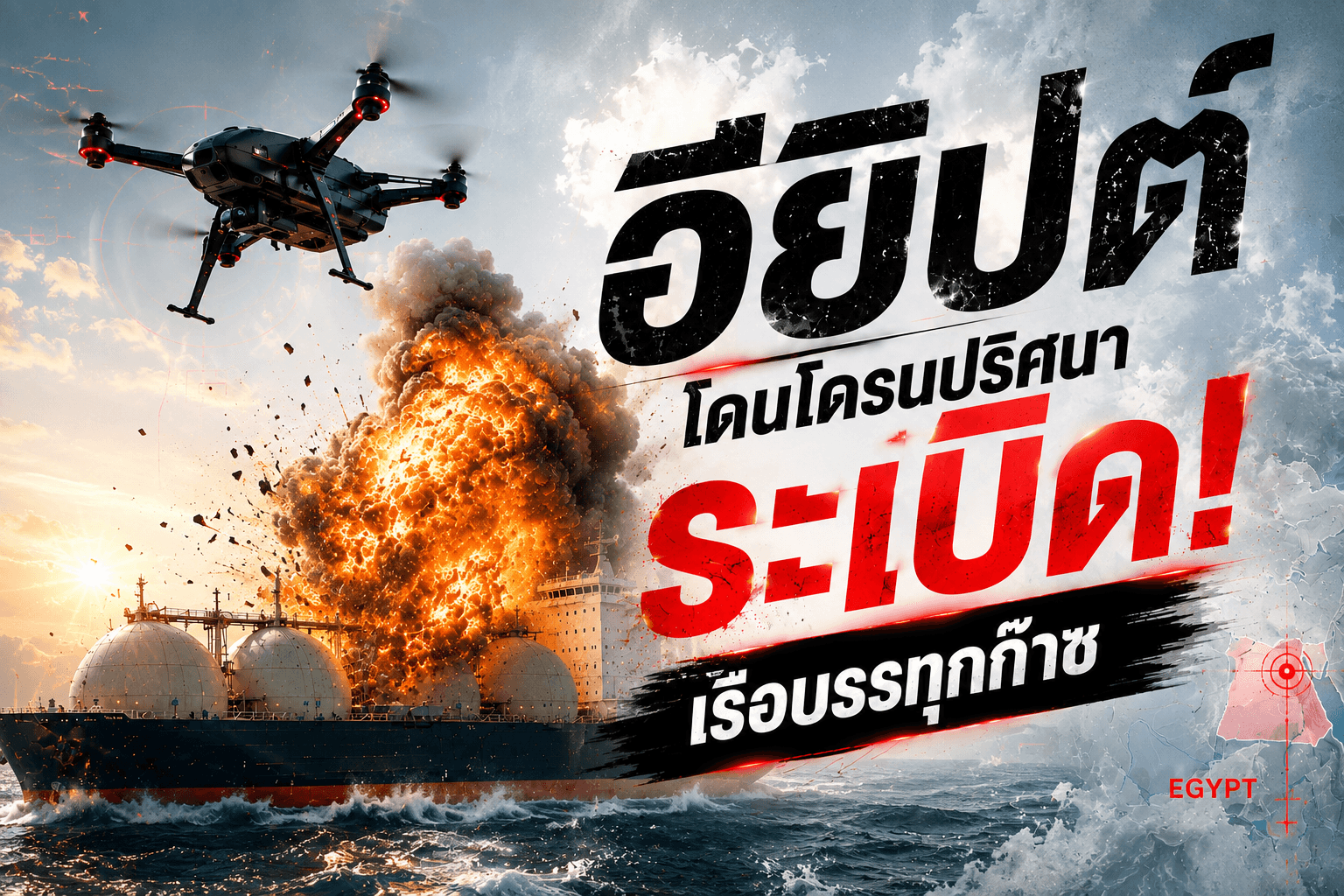 ภาพประกอบเหตุโดรนโจมตีเรือบรรทุกก๊าซที่ท่าเรือดาเมียตตา อียิปต์