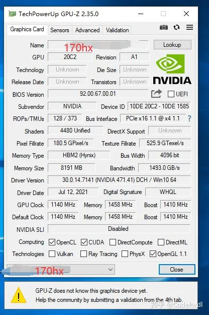 หน้าจอ GPU-Z ของ CMP 170HX รุ่นเดิมแสดง 8GB HBM2e และ PCIe x4