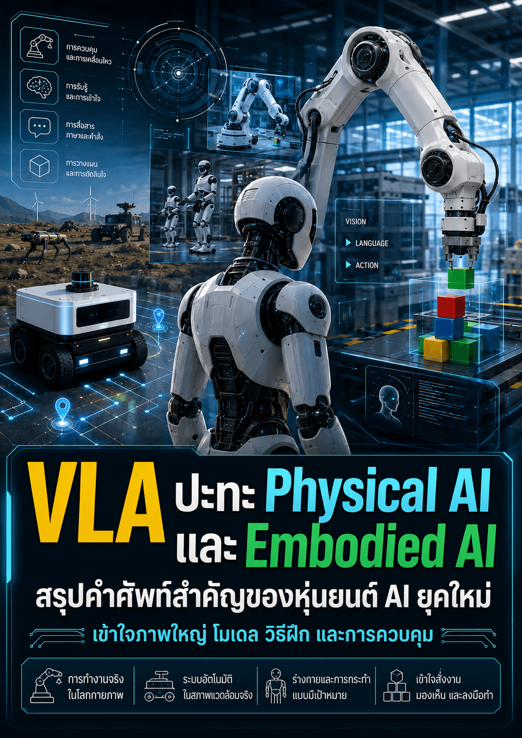 อินโฟกราฟิก VLA ปะทะ Physical AI และ Embodied AI สรุปคำศัพท์หุ่นยนต์ AI ยุคใหม่
