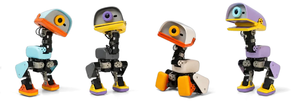 หุ่นยนต์เป็ด Microduck หุ่นเป็ดจิ๋ว 4 สี ยืนเรียงกัน