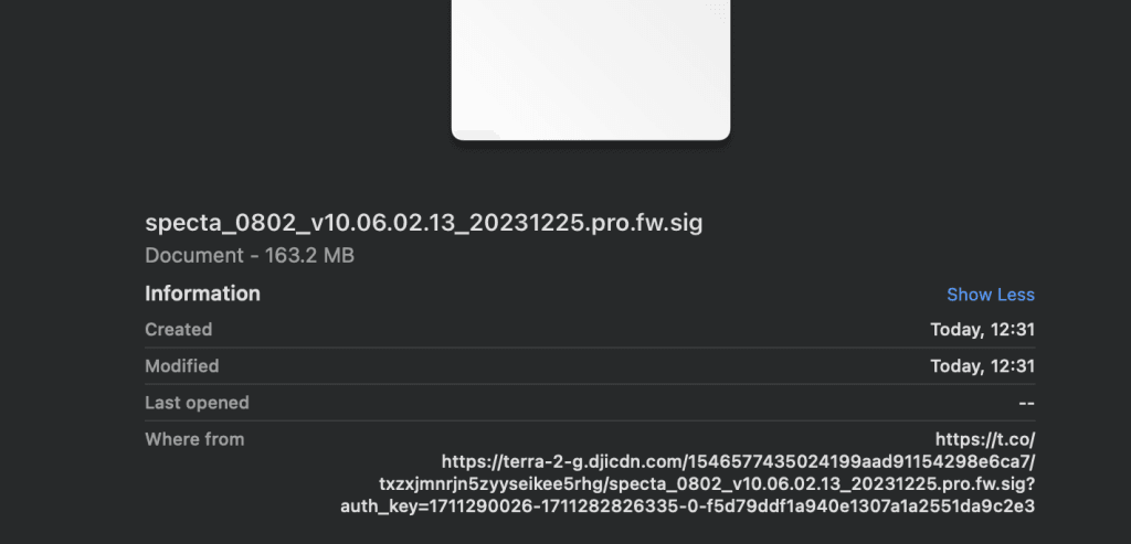 หน้าต่างข้อมูลไฟล์ firmware Specta Air ระบุ Where from เป็นโดเมน djicdn.com