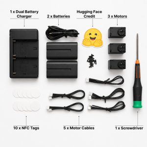 รายการในชุด Microduck Developer Pack แท่นชาร์จคู่ แบต 2 ก้อน มอเตอร์ 3 ตัว สายมอเตอร์ 5 เส้น แท็ก NFC 10 ชิ้น และไขควง
