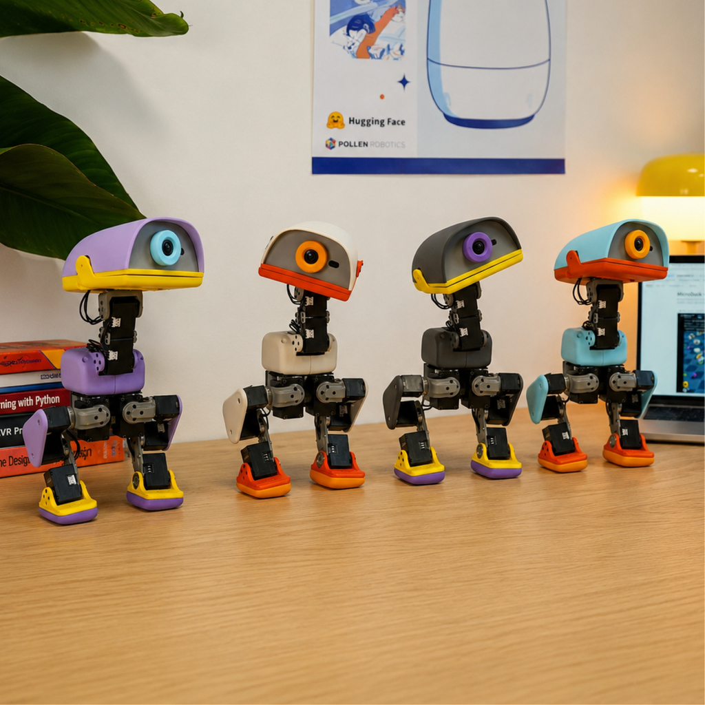 หุ่นยนต์ Microduck MD-01 ทั้งสี่สี Cream Graphite Lavender และ Sky ยืนเรียงกันบนโต๊ะ