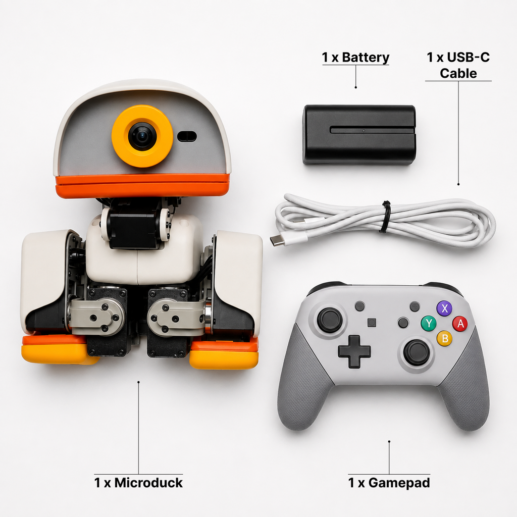 อุปกรณ์ในกล่อง Microduck MD-01 ตัวหุ่น แบตเตอรี่ สาย USB-C และจอยเกม