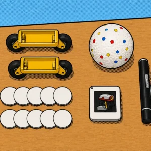 ภาพประกอบชุด Microduck Accessory Pack ล้อสเก็ต ลูกบอล เลเซอร์พอยน์เตอร์ การ์ด NFC และแท็ก NFC